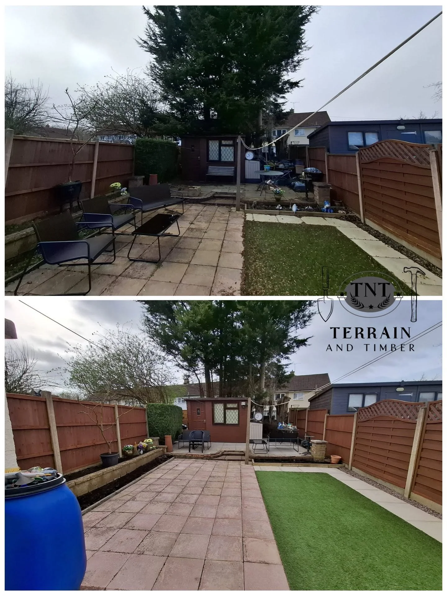 Fence, shed, and conservatory all freshly painted 
Garden tidied up with rubbish cleared away 
Conifers trimmed back neatly 
Boarders dug up and weeded 🪏
Patio and timber areas jet washed 