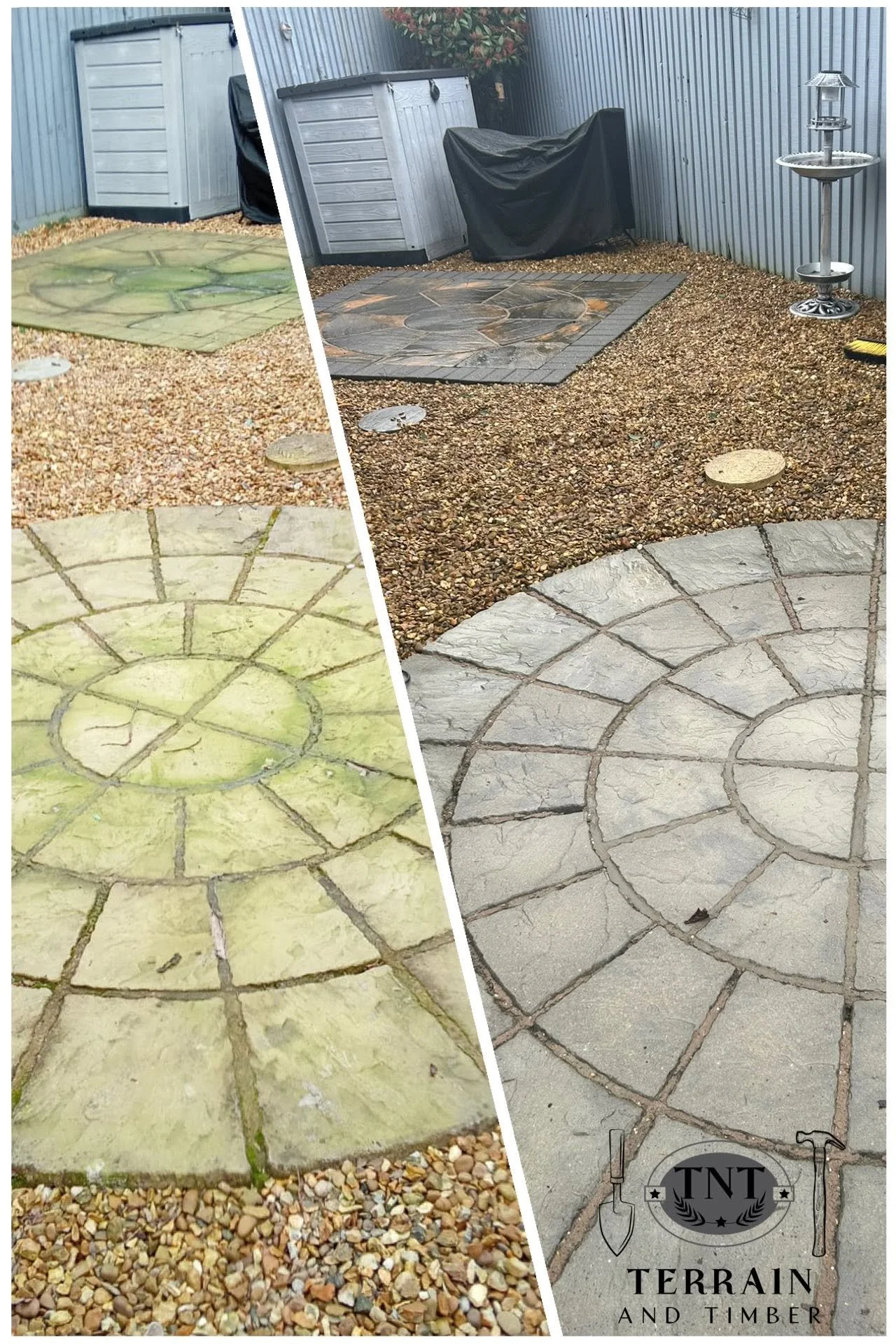 This circular patio was covered in dirt, algae and weather staining, but a professional pressure wash has completely transformed it.
The difference speaks for itself. 