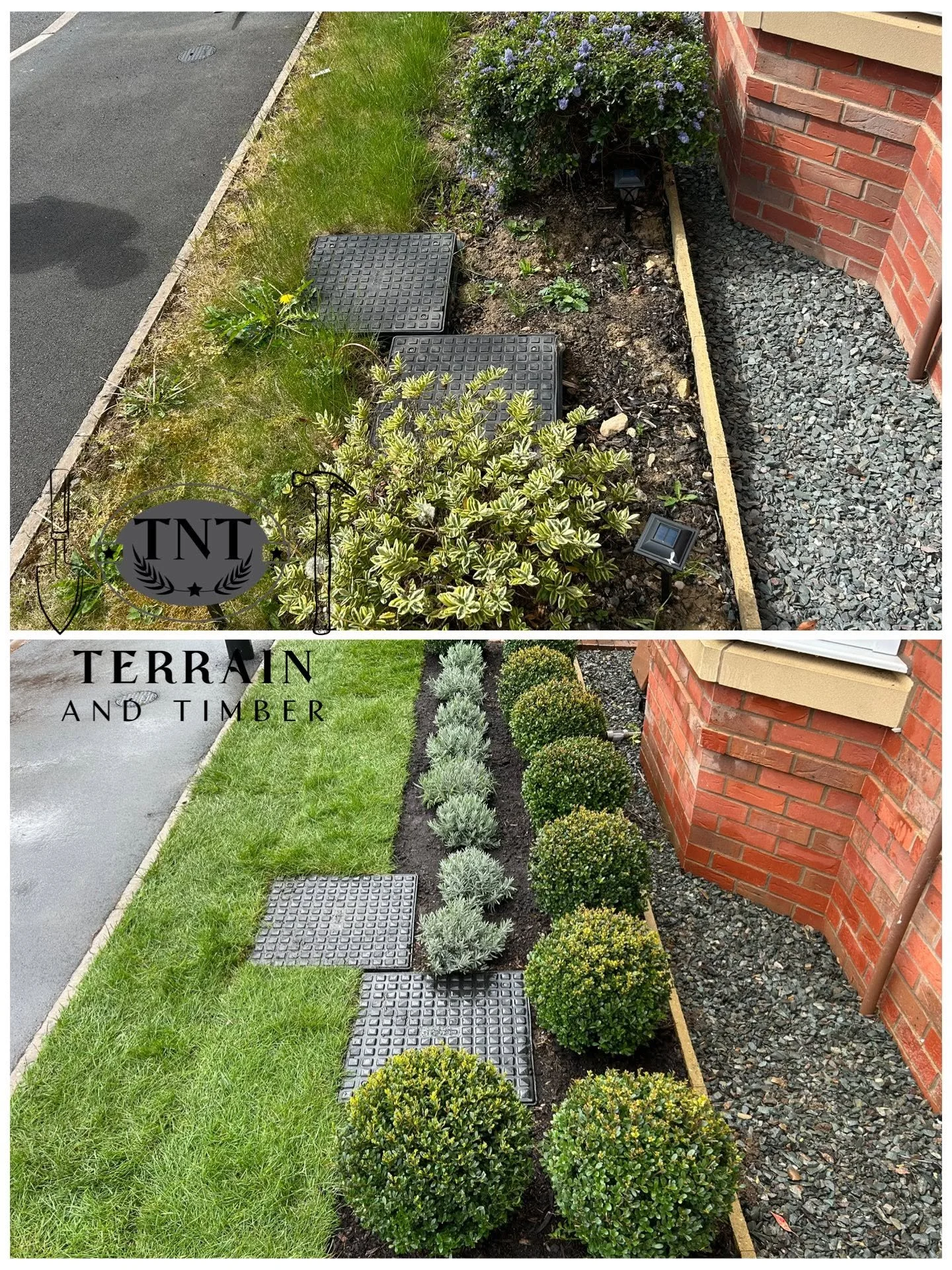 We cleared out all the old turf and overgrown flowers, gave the space a full weed, and discovered the existing soil was heavy clay. To give the new plants the best start, we removed it and replaced it with fresh, quality soil to help the grass and fl