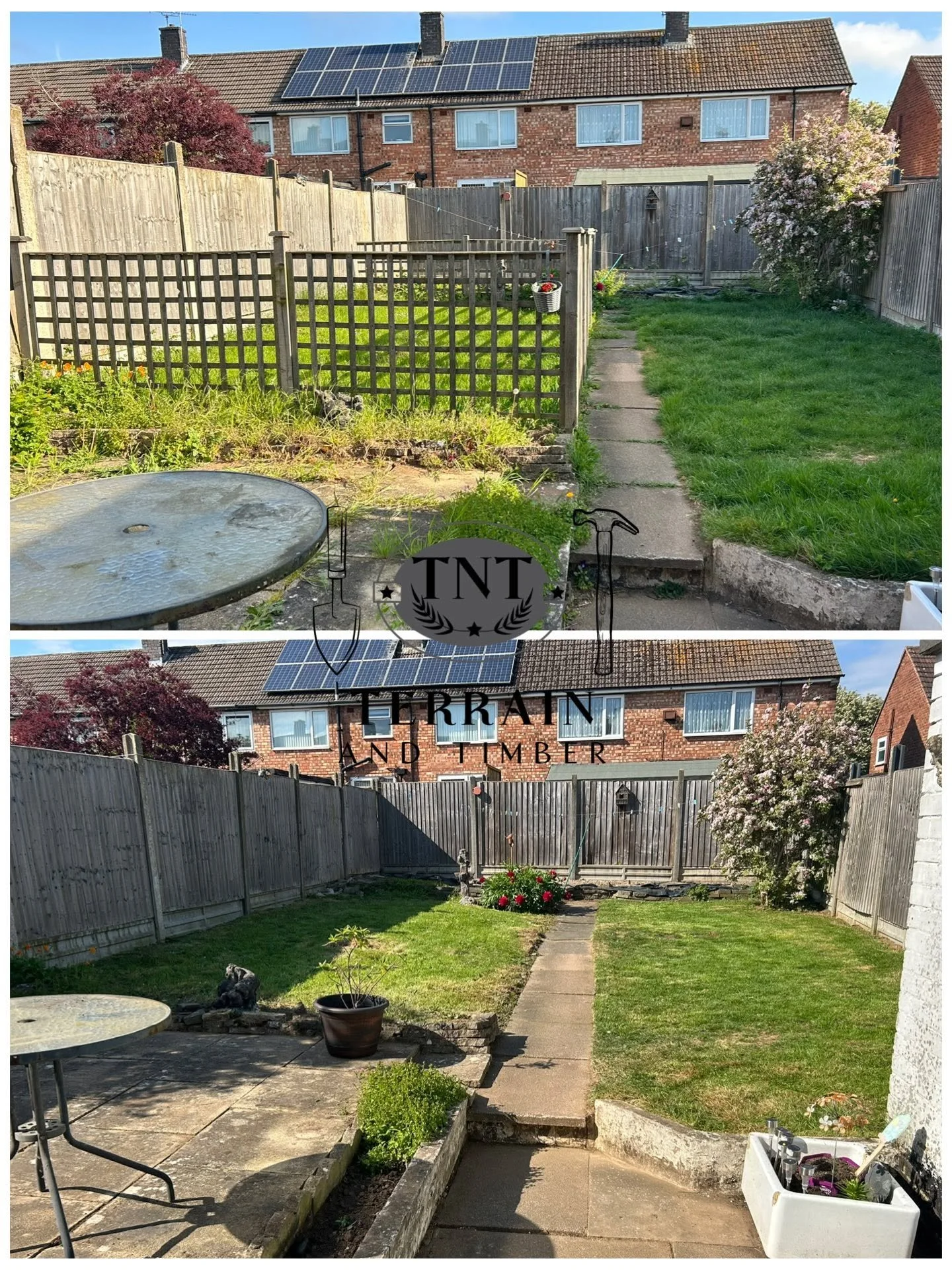 Comparison of two yard photos, showing changes in fencing, plant growth, and lawn after cleaning and gardening.