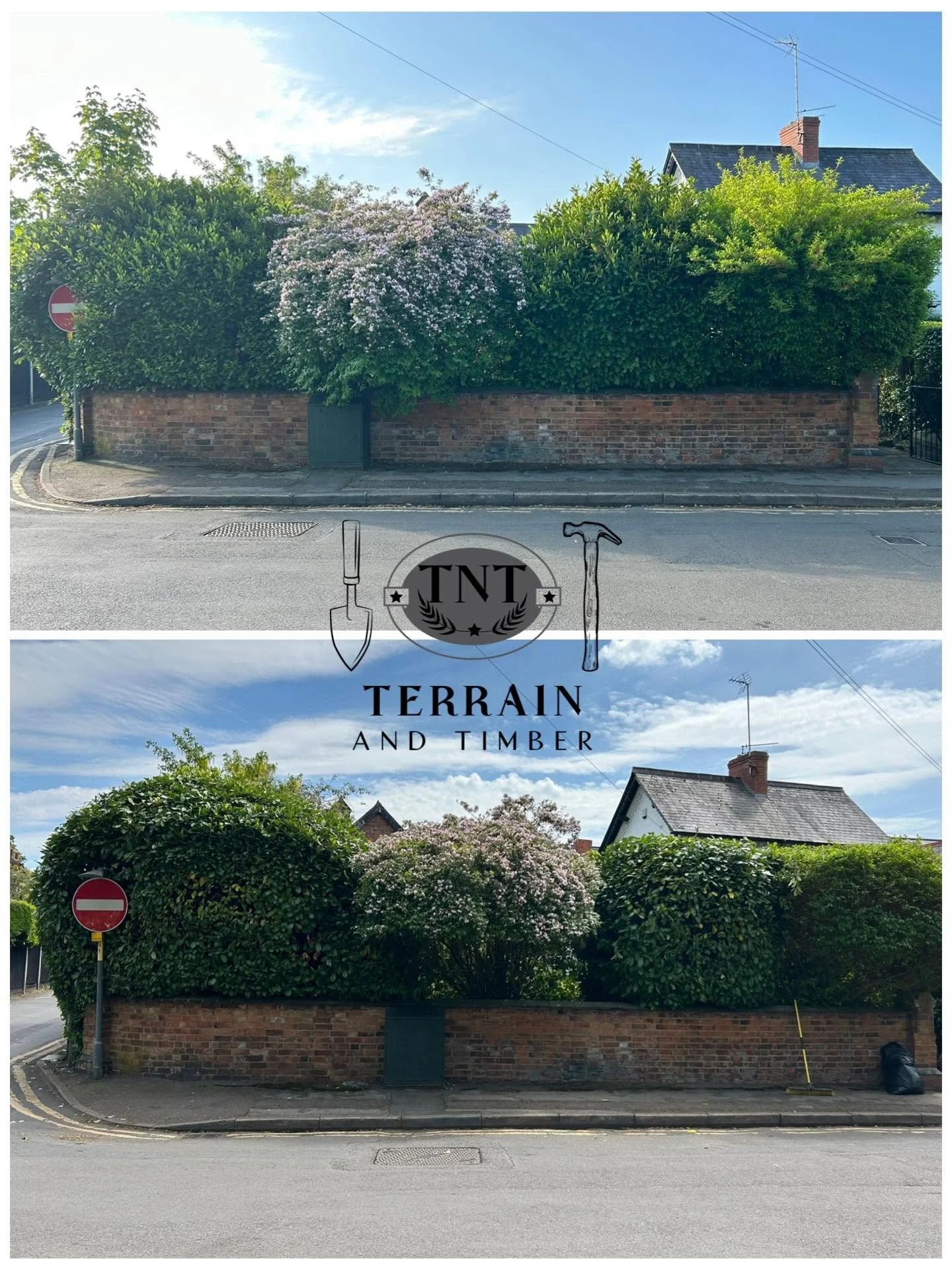 A brick wall with lush green bushes and flowering trees in front, a street below, and a house with a chimney and roof in the background. Overlaid text reads 'TNT Terrain and Timber' with gardening tools icons.