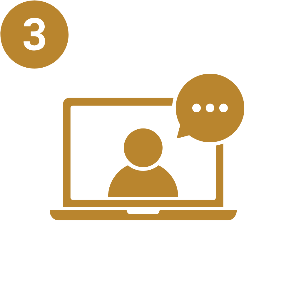 Icon of a person on a computer screen with a speech bubble, and a gold circle with the number 3 inside, indicating a chat or messaging feature.