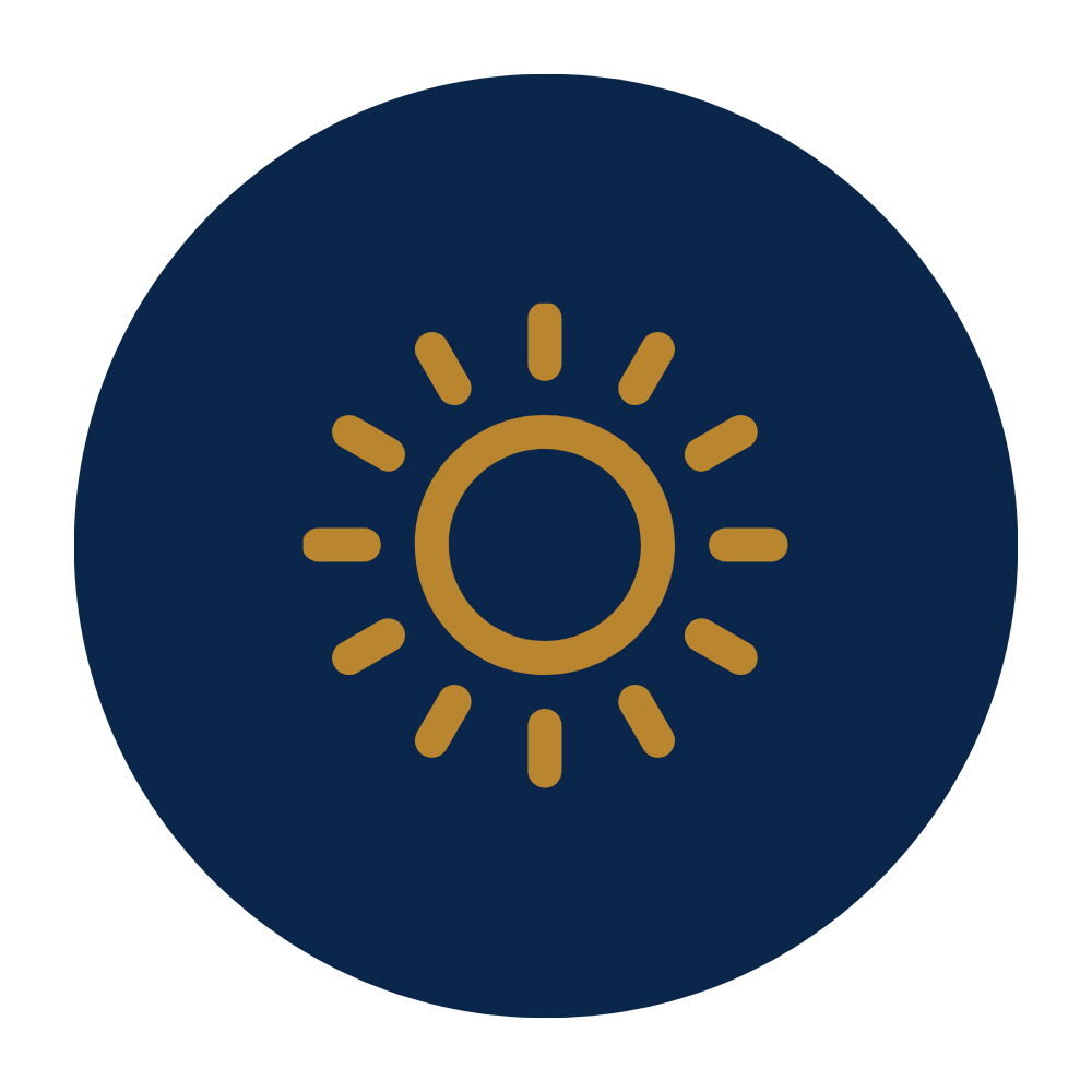 Icon of a sun with a circle in the middle and rays extending outward, on a dark blue circular background.