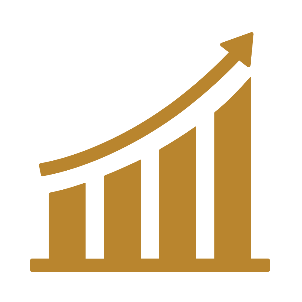 Golden bar chart with upward trending arrow representing growth or success.