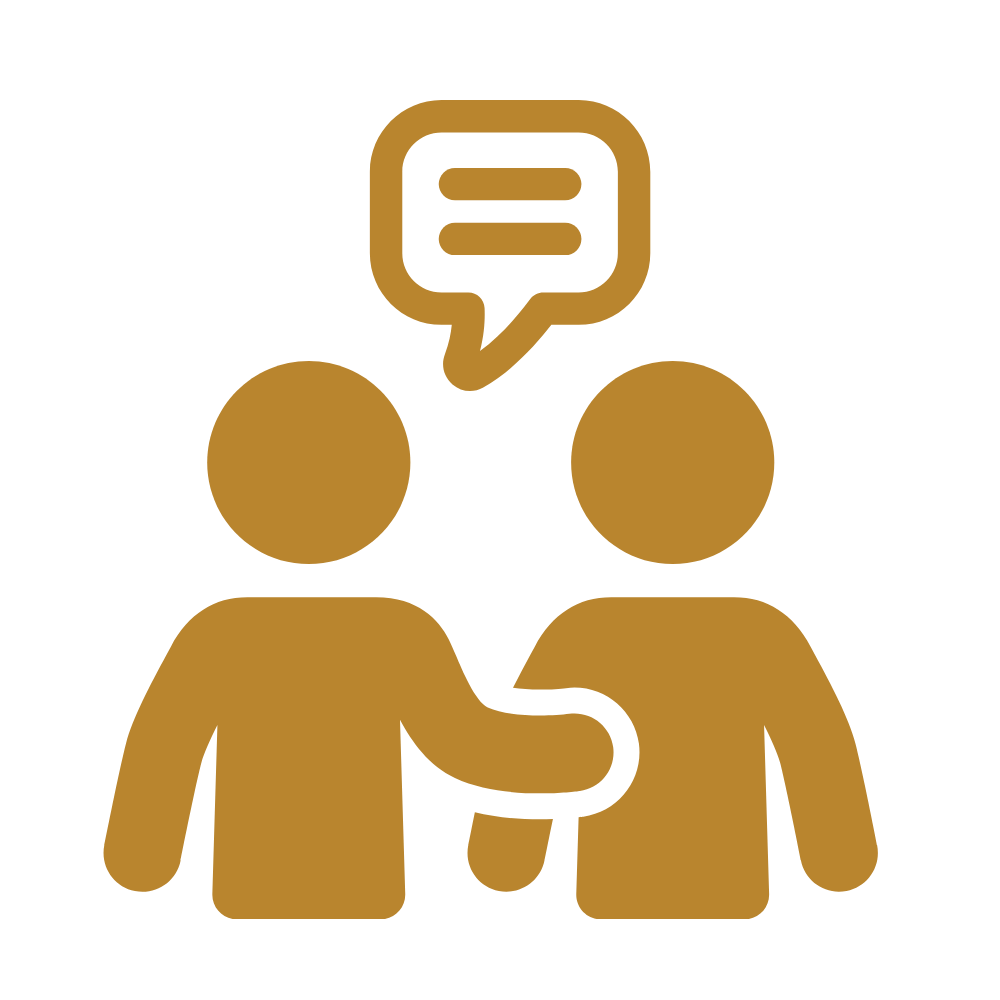 Two simplified human figures facing each other, with one extending an arm and the other holding an item, and a speech bubble above them indicating conversation.