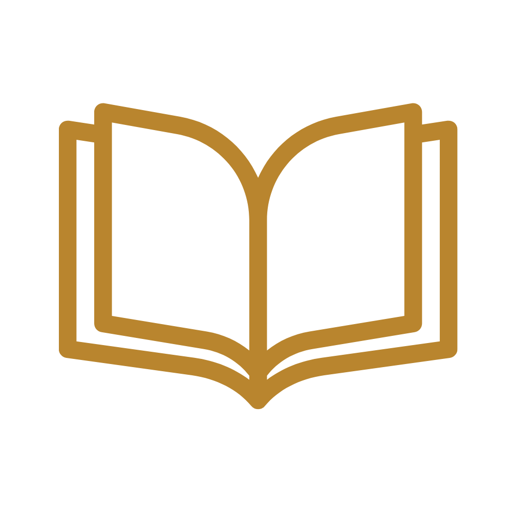 Gold outline of an open book on a black background.