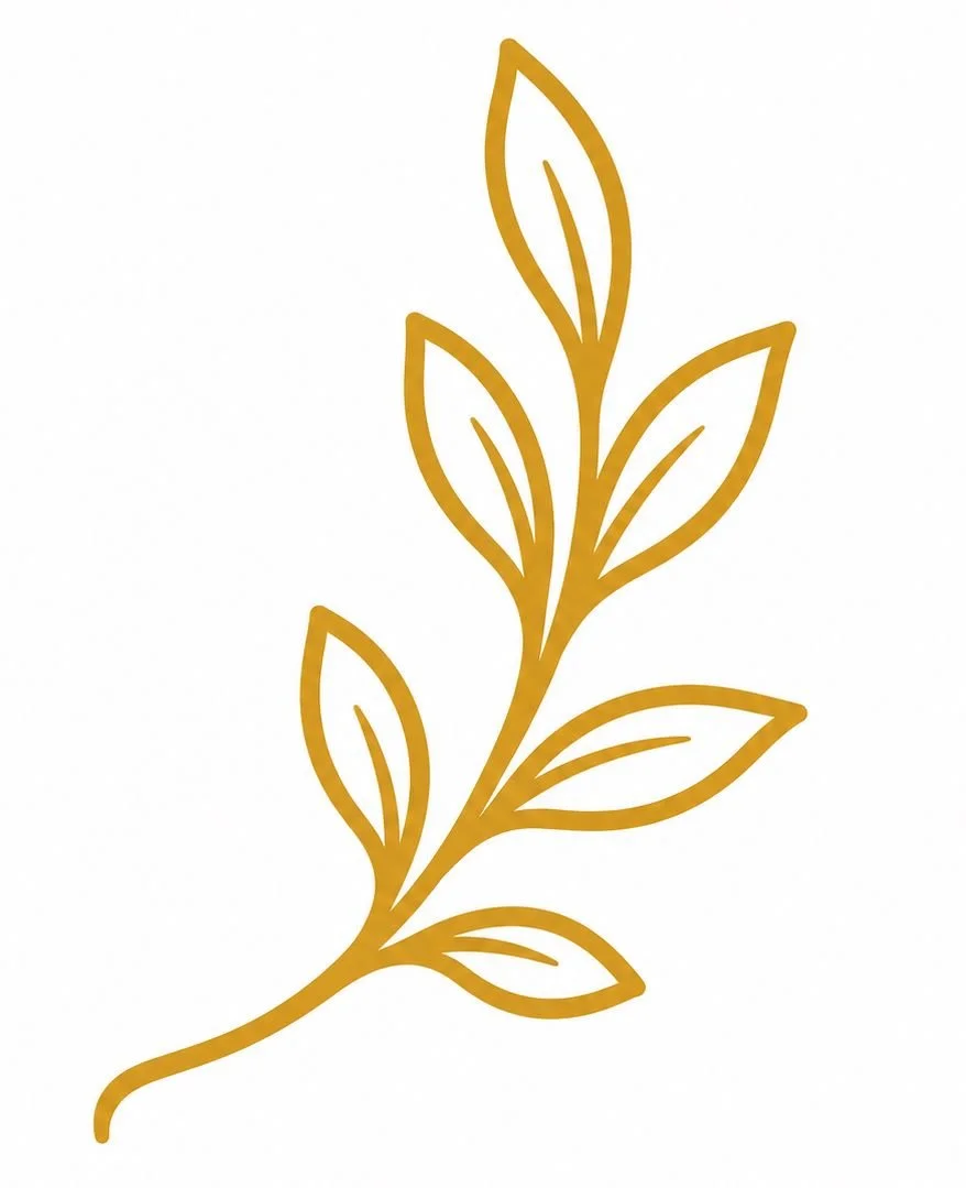 Minimalist gold outline of a leafy branch on a white background.