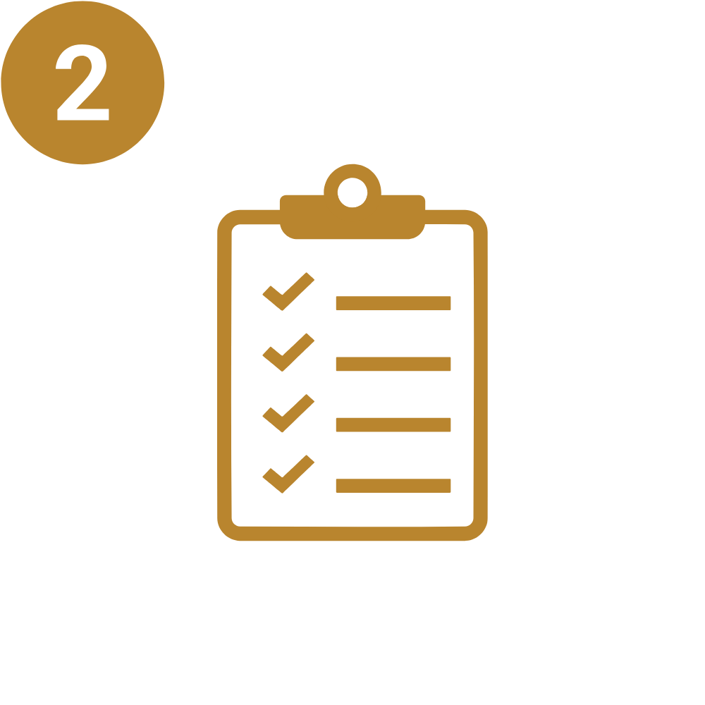 Gold icon of a clipboard with check marks on a black background, numbered 2 in a gold circle in the top left corner.