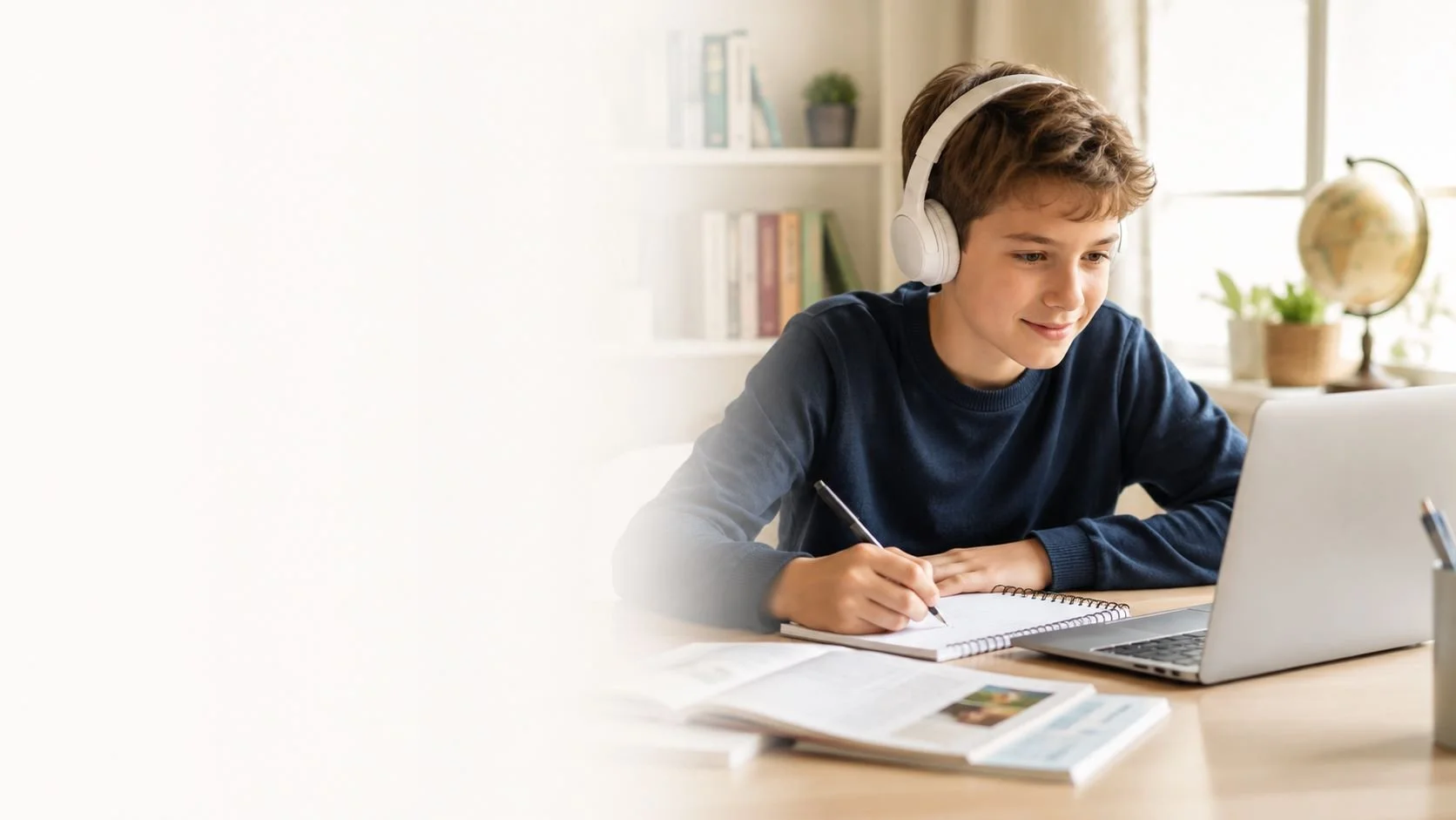 Student at their desk with books and notebook for English tuition services