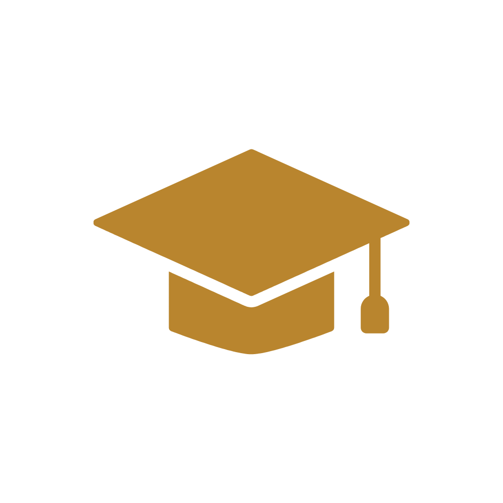 Icon of a graduation cap with a tassel in gold color on a black background.