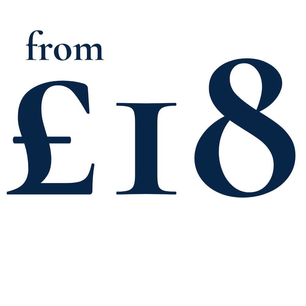 Text stating 'from £18' with the currency symbol for pounds, indicating a price or cost.