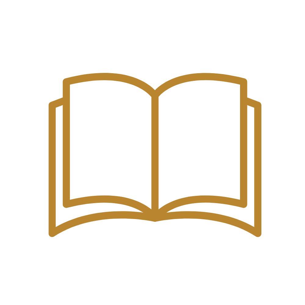 Gold outline of an open book on a black background.