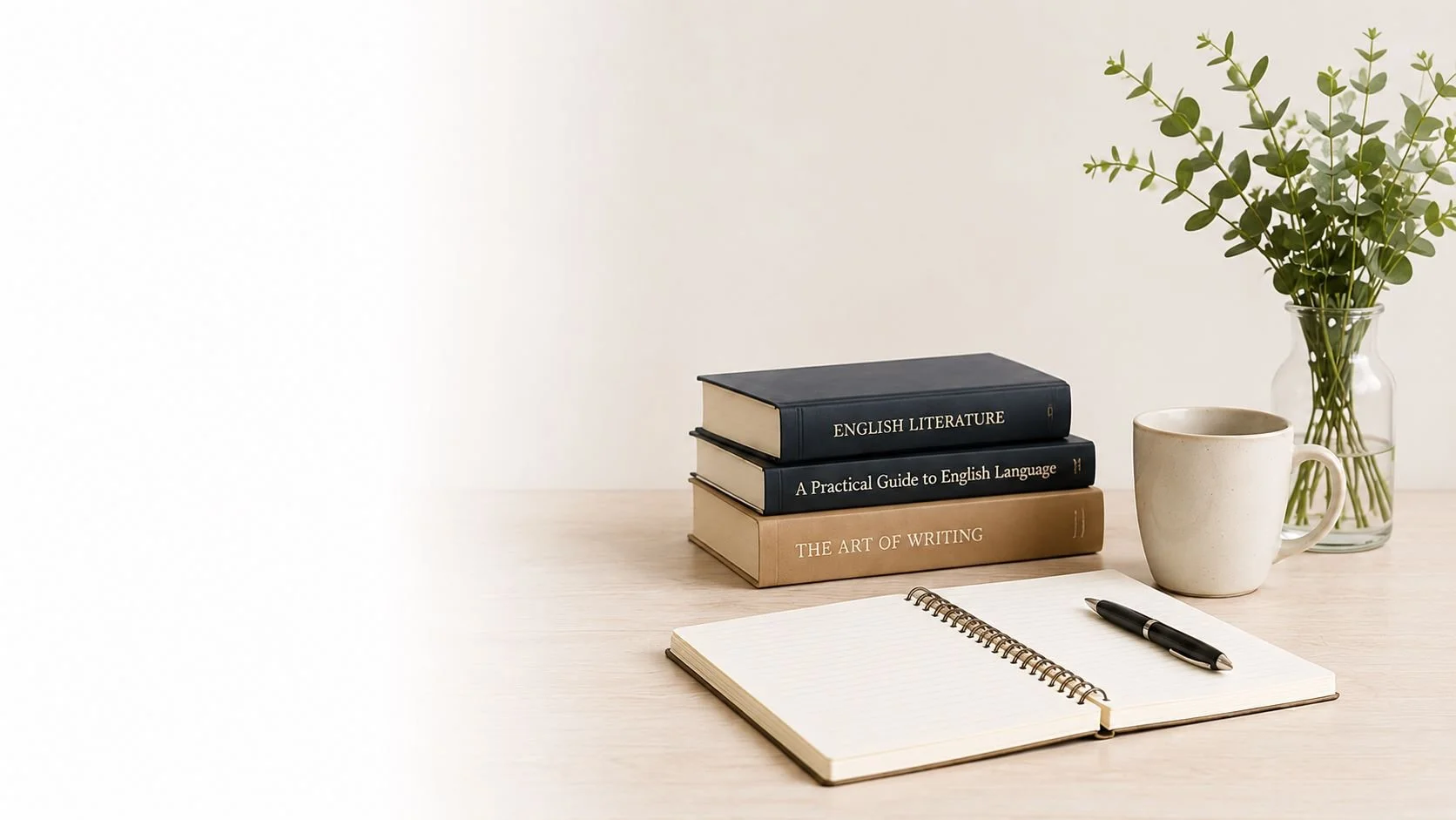 Books, notebook and study desk representing online English tuition with Olivia Leung