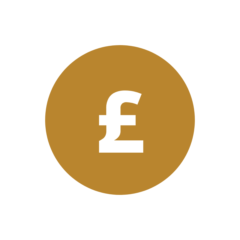 A Bitcoin coin with a white British pound currency symbol in the center, placed on a white surface.