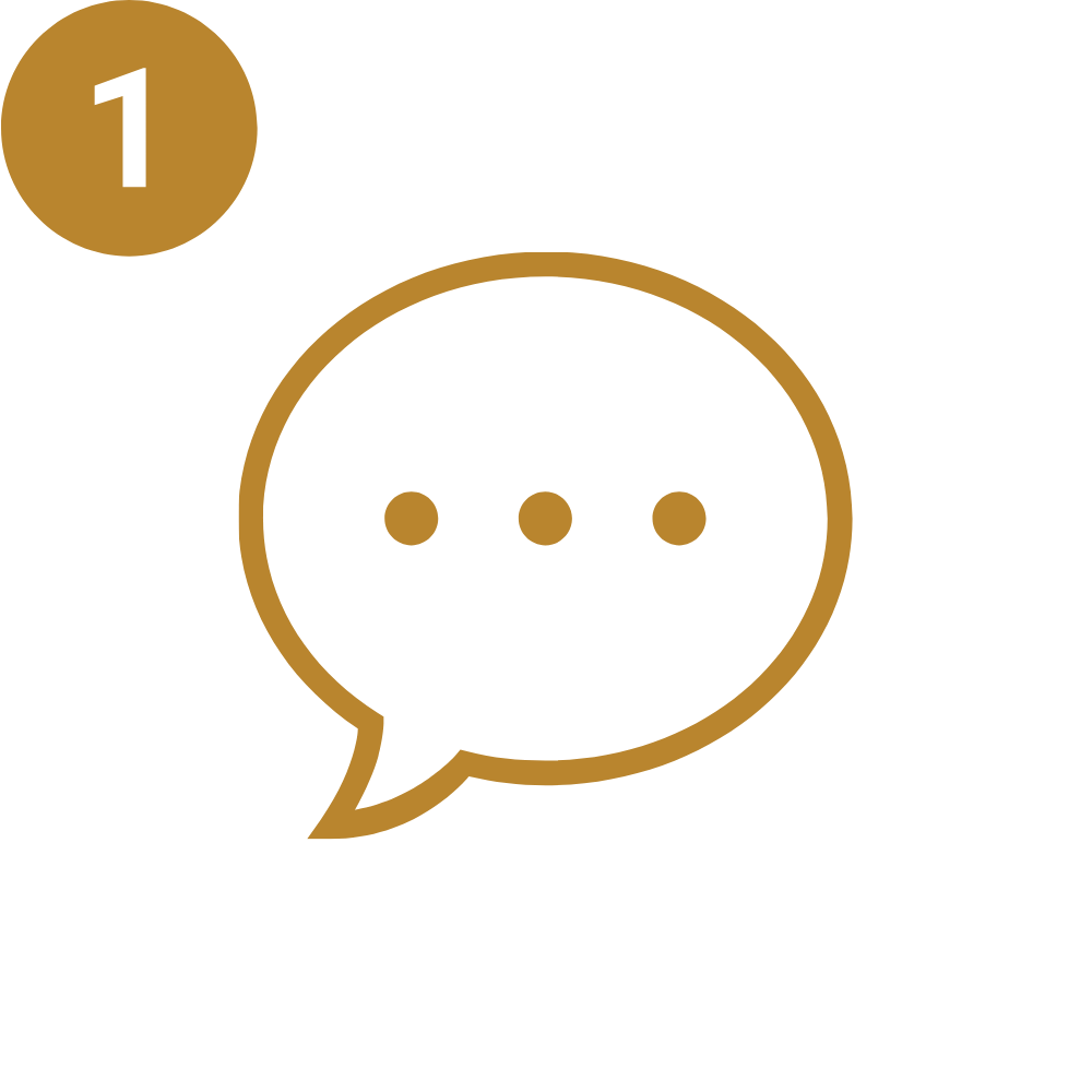 A black and gold speech bubble icon with three dots inside, representing messaging or conversation, accompanied by a gold badge with the number 1.