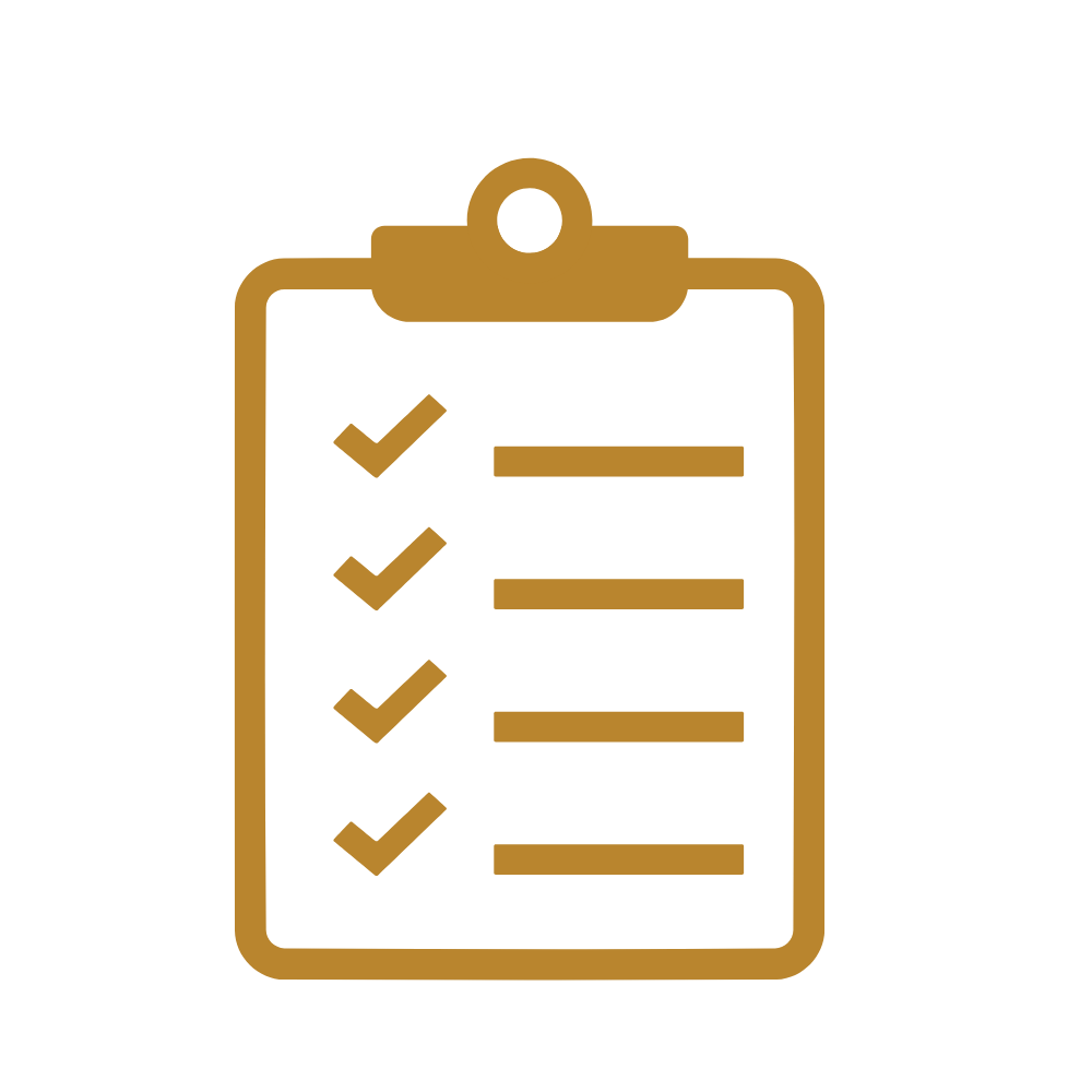 Gold outline icon of a clipboard with checkmarks next to listed items.