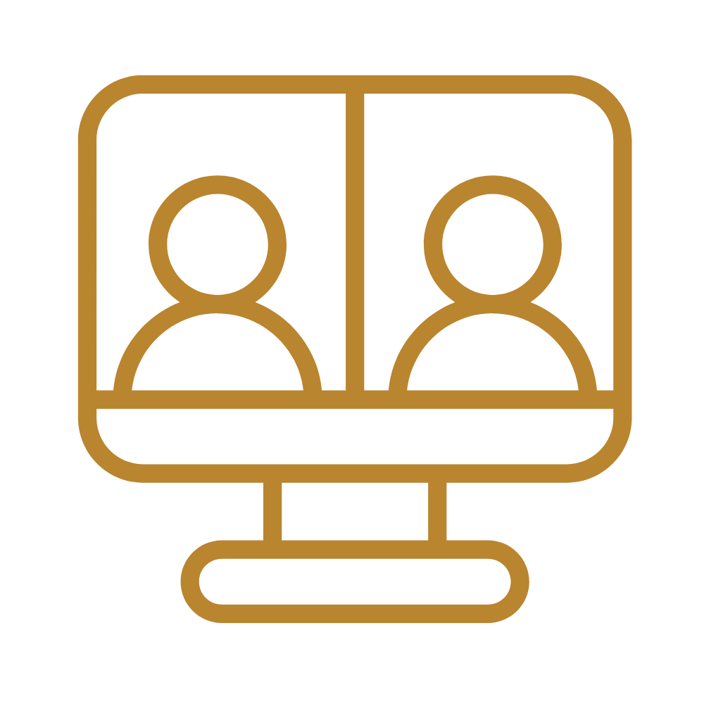 Line drawing of a computer monitor with two user icons on the screen, representing a virtual meeting or video call.