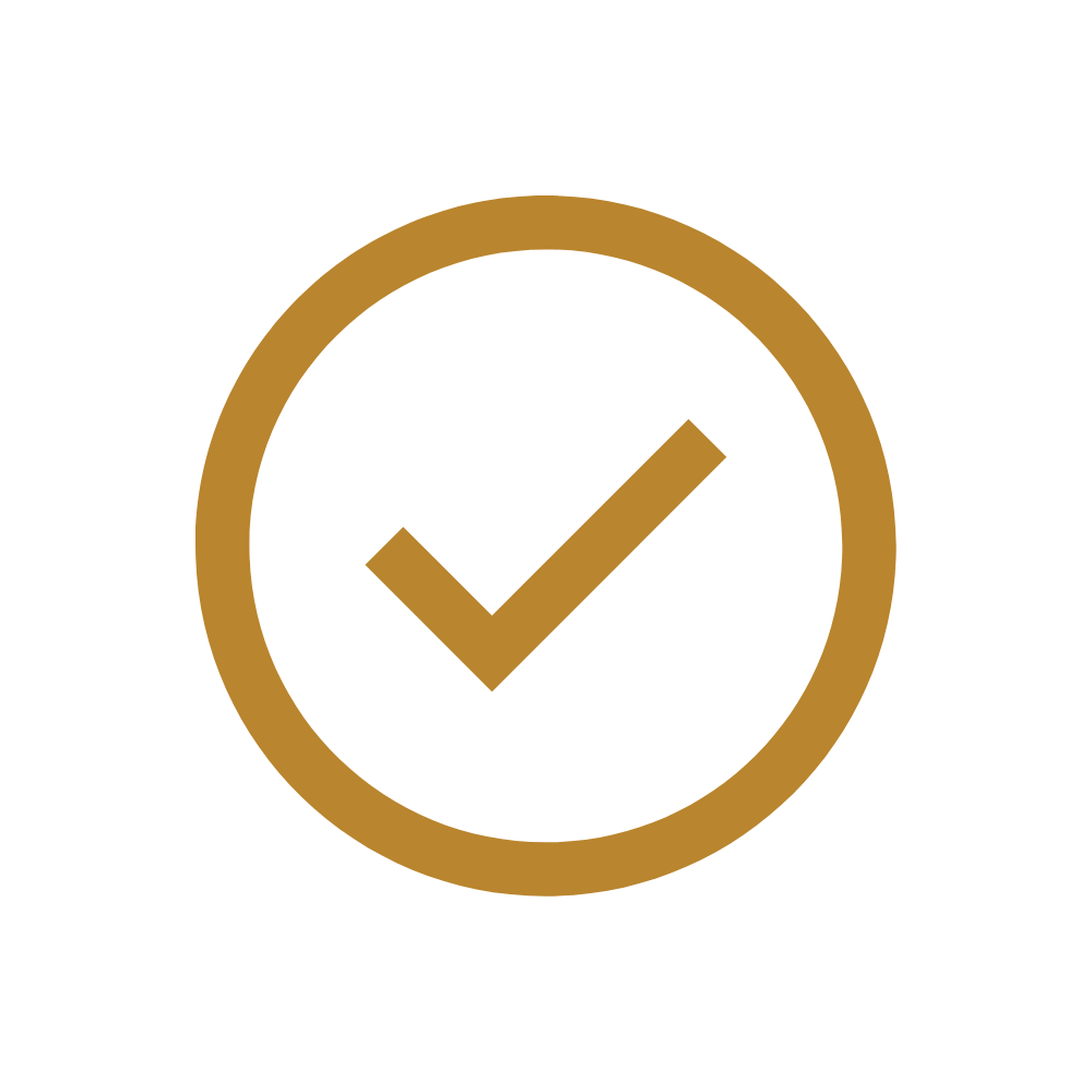 Gold check mark inside a gold circle on a black background.