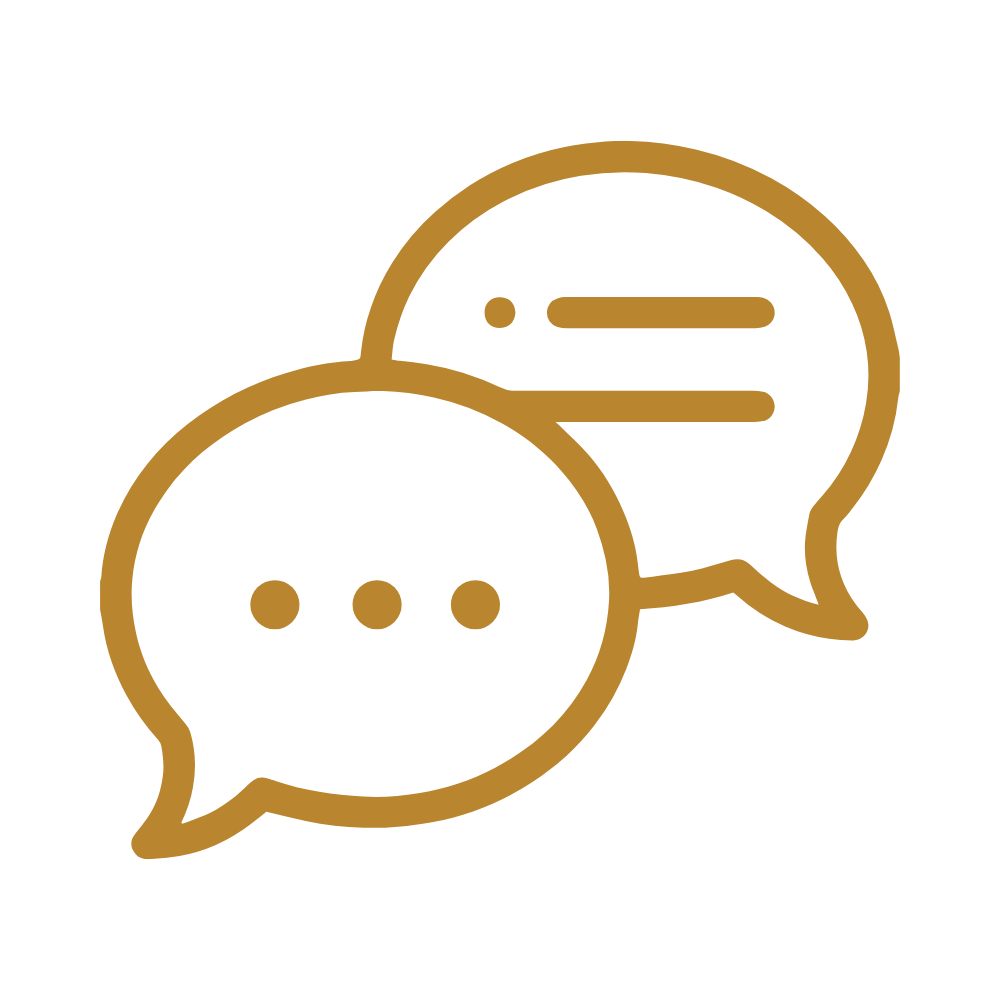 Two speech bubbles, one with ellipsis and the other with lines, outlined in brown.