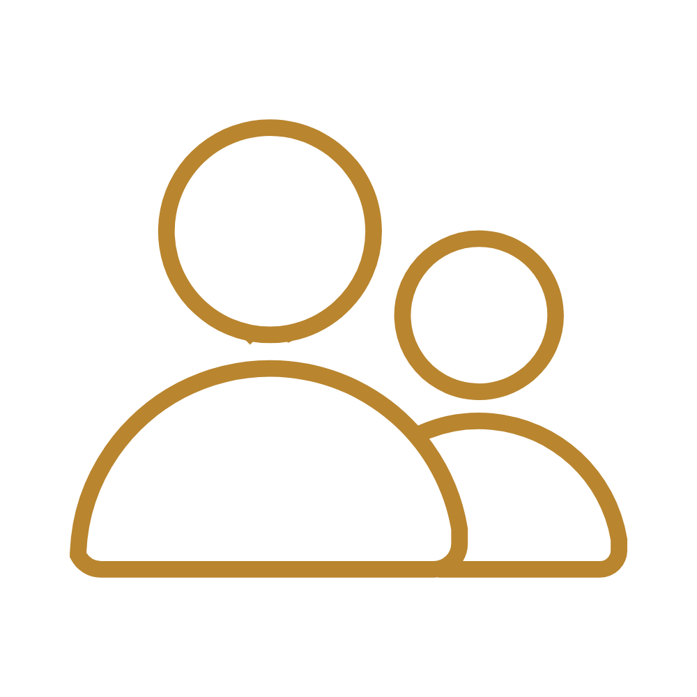 Outline icon of two people, one larger and one smaller, in gold color on a black background.