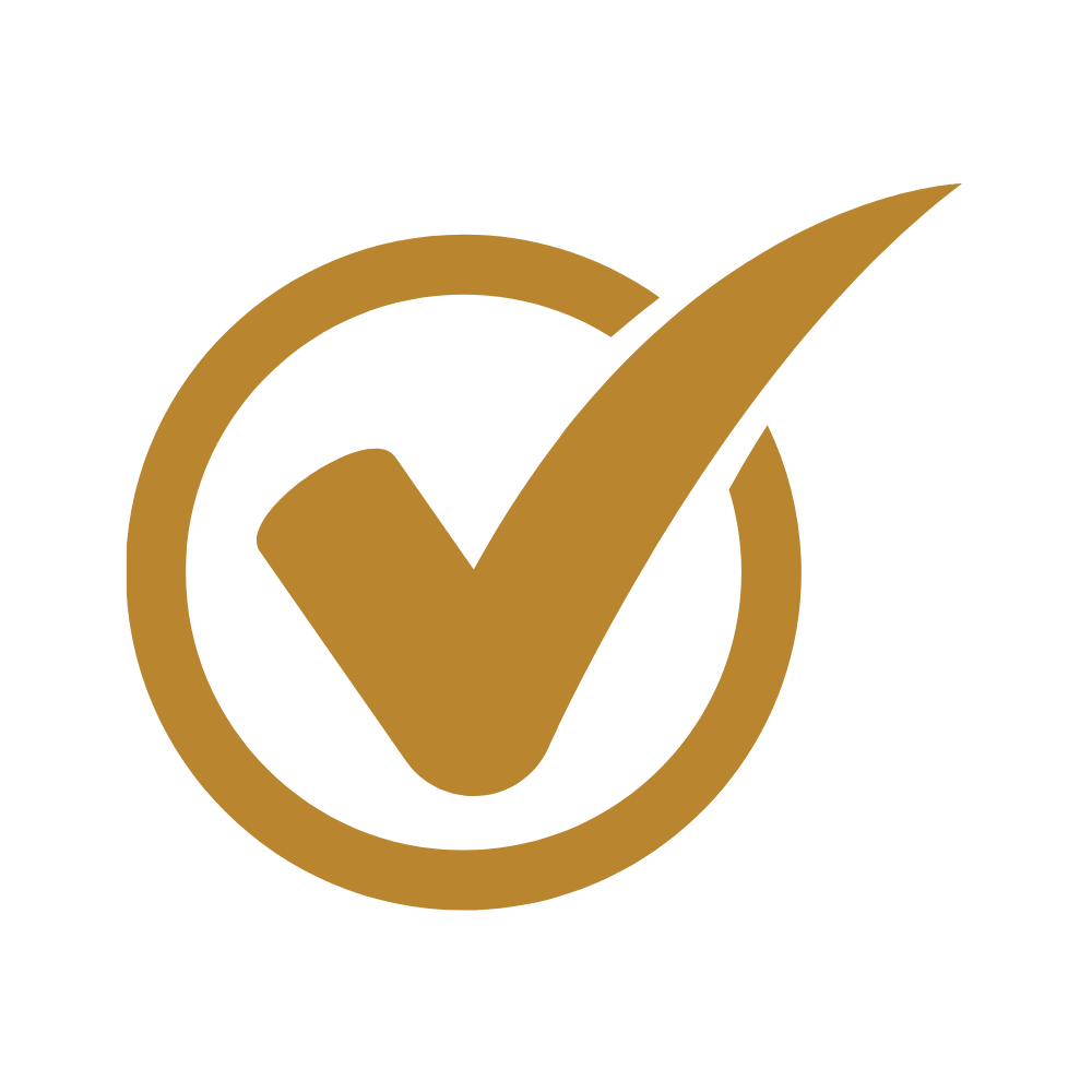 Gold checkmark inside a circle on a black background.