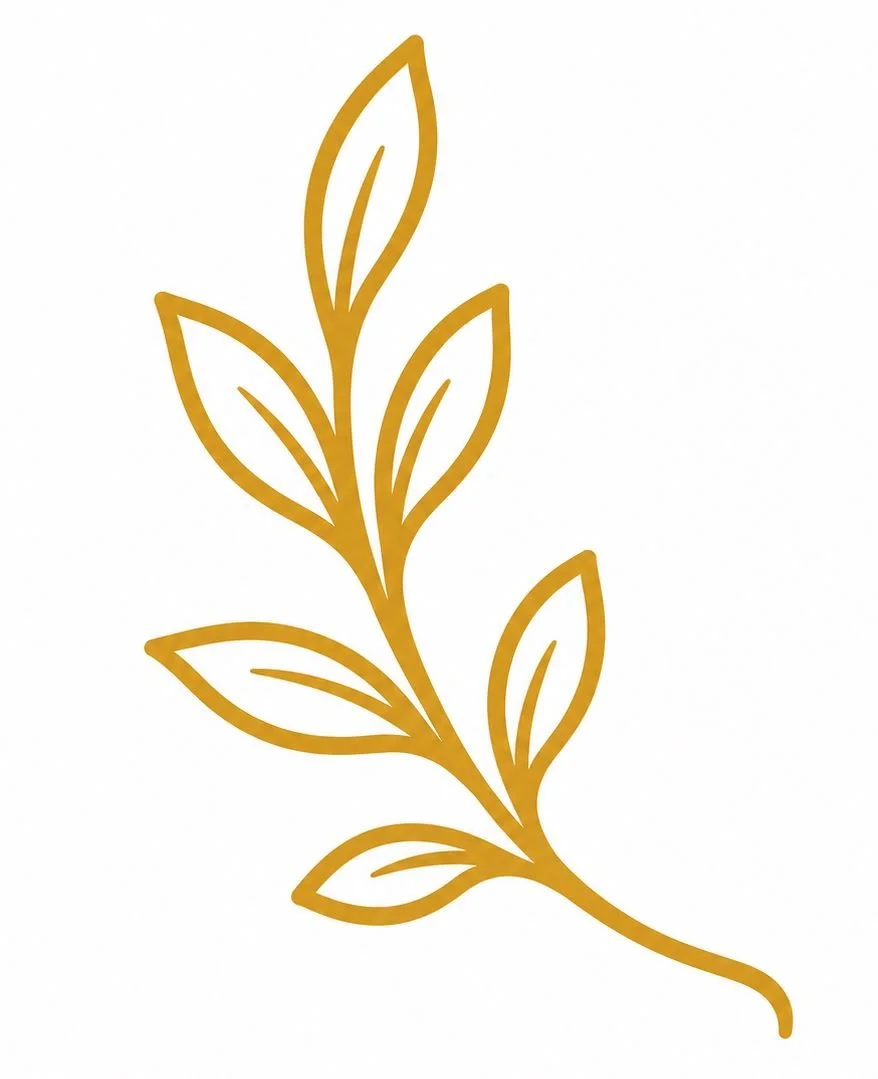 Gold outline of a leafy branch with multiple leaves on a white background.