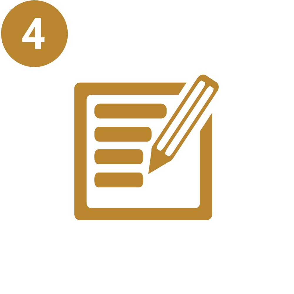 Icon of a clipboard with lines and a pencil, indicating note-taking or writing, in gold color with a black background, marked as step 4.