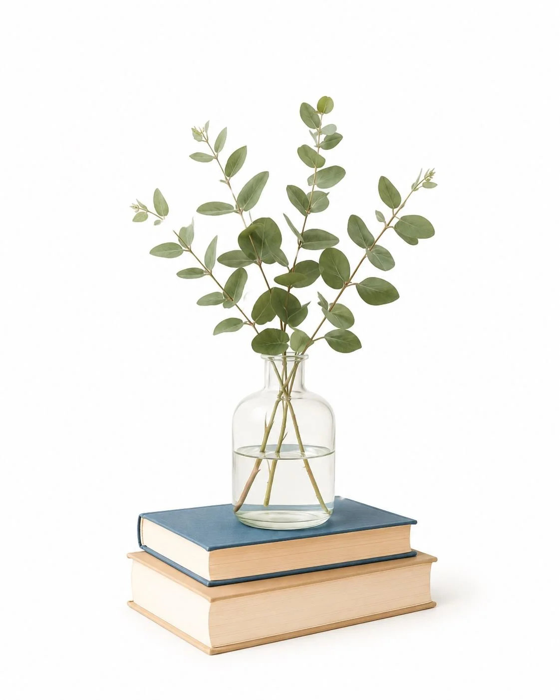A clear glass vase with green leafy branches on top of two closed books, one with a navy cover and the other with a tan cover, on a white background.