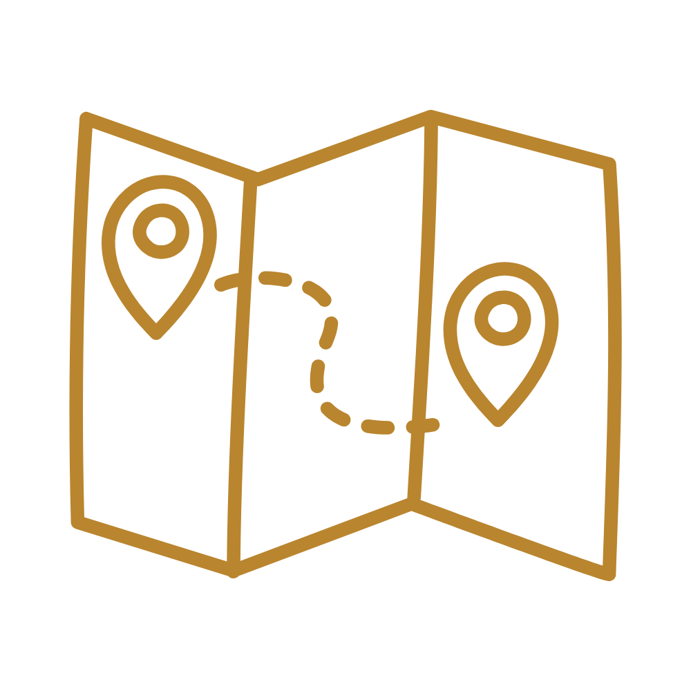 Simple illustration of a folded map with two location pins connected by a dashed path.