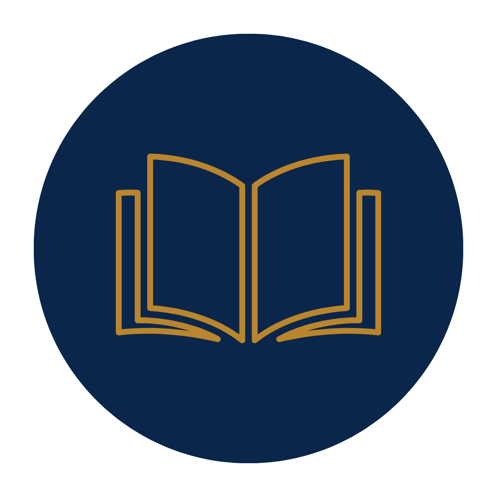 Icon of an open book in gold outline on a navy blue circular background.