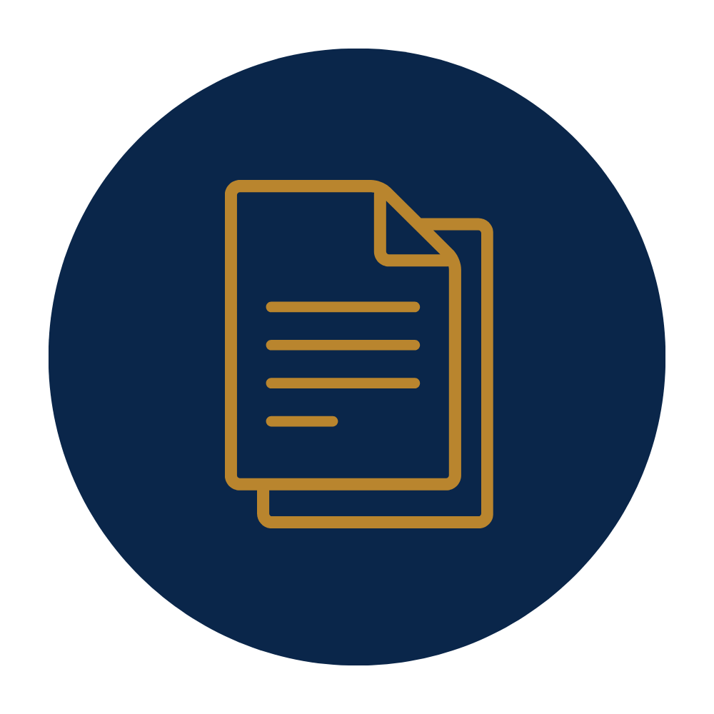 Icon of a document with lines of text inside a gold outline on a dark blue circular background.