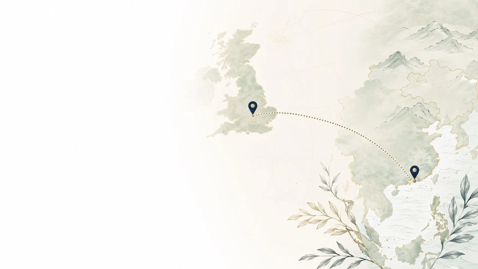 Map of the United Kingdom and Japan with dotted line connecting two location markers.