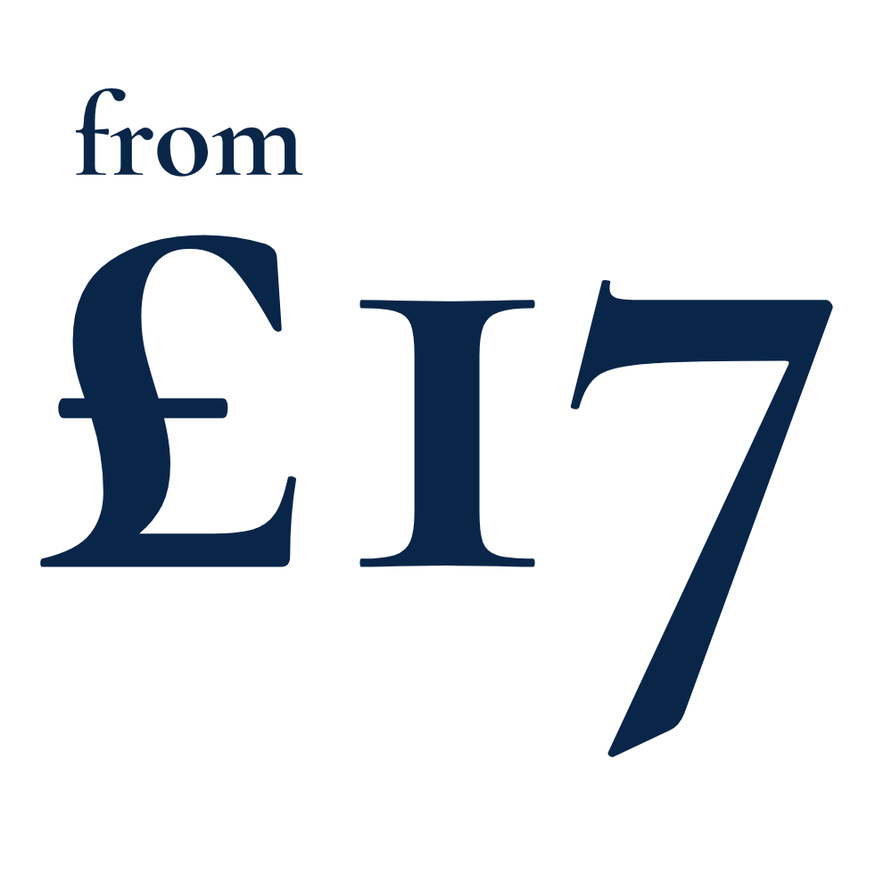 Design featuring the text 'from £17' in dark blue font on a black background.
