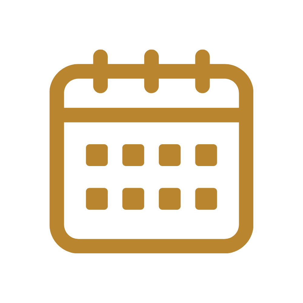 Gold calendar icon on a black background.