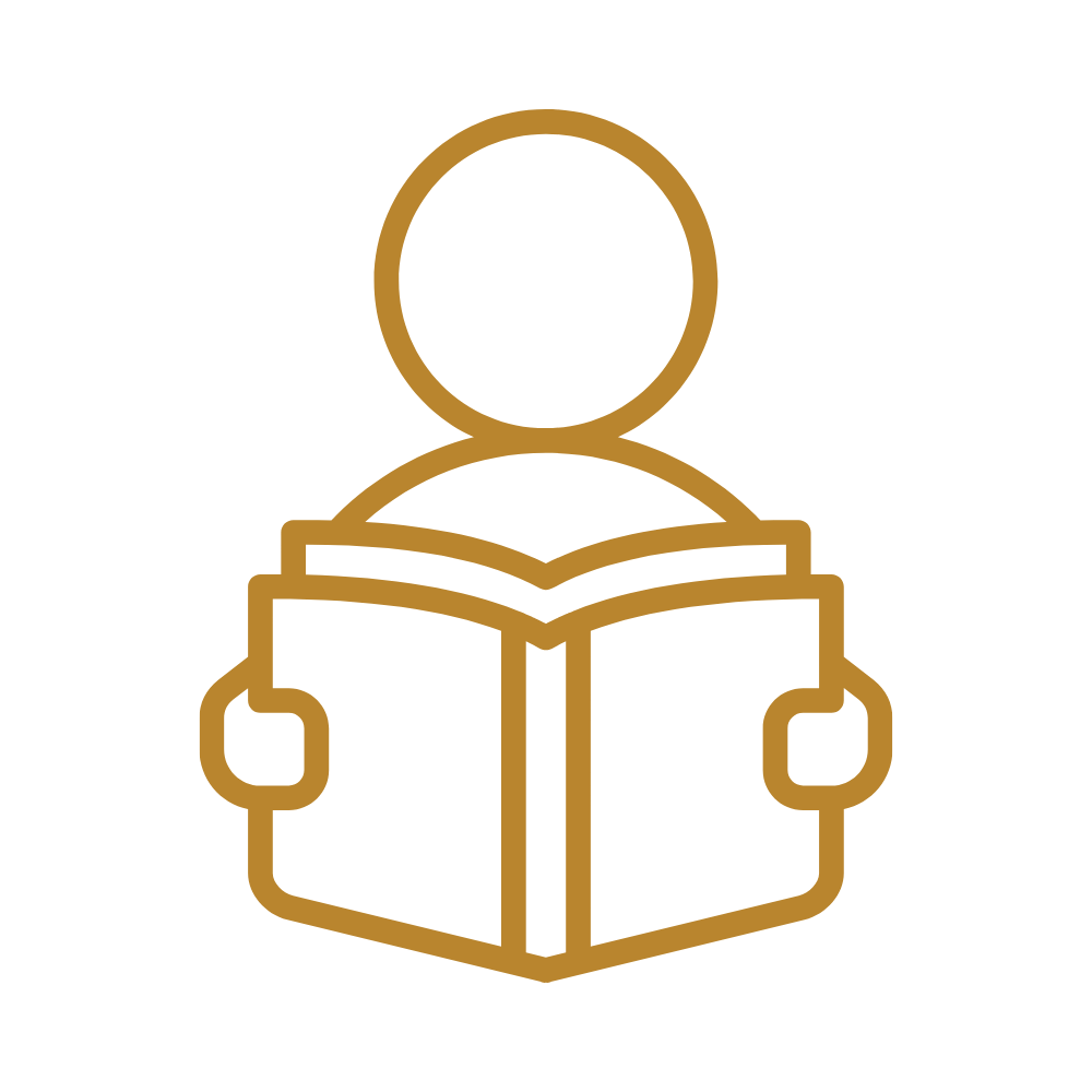 Outline icon of a person reading a book