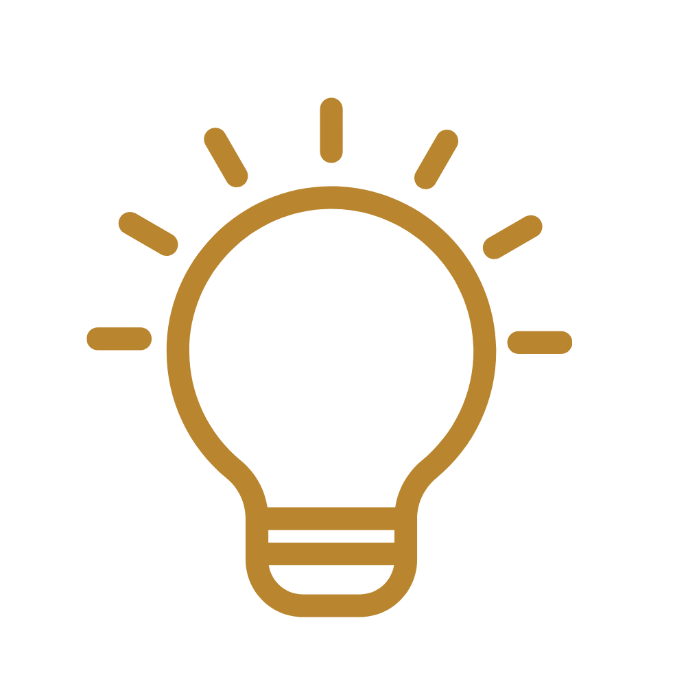 Stylized gold light bulb icon with rays of light emanating from it.