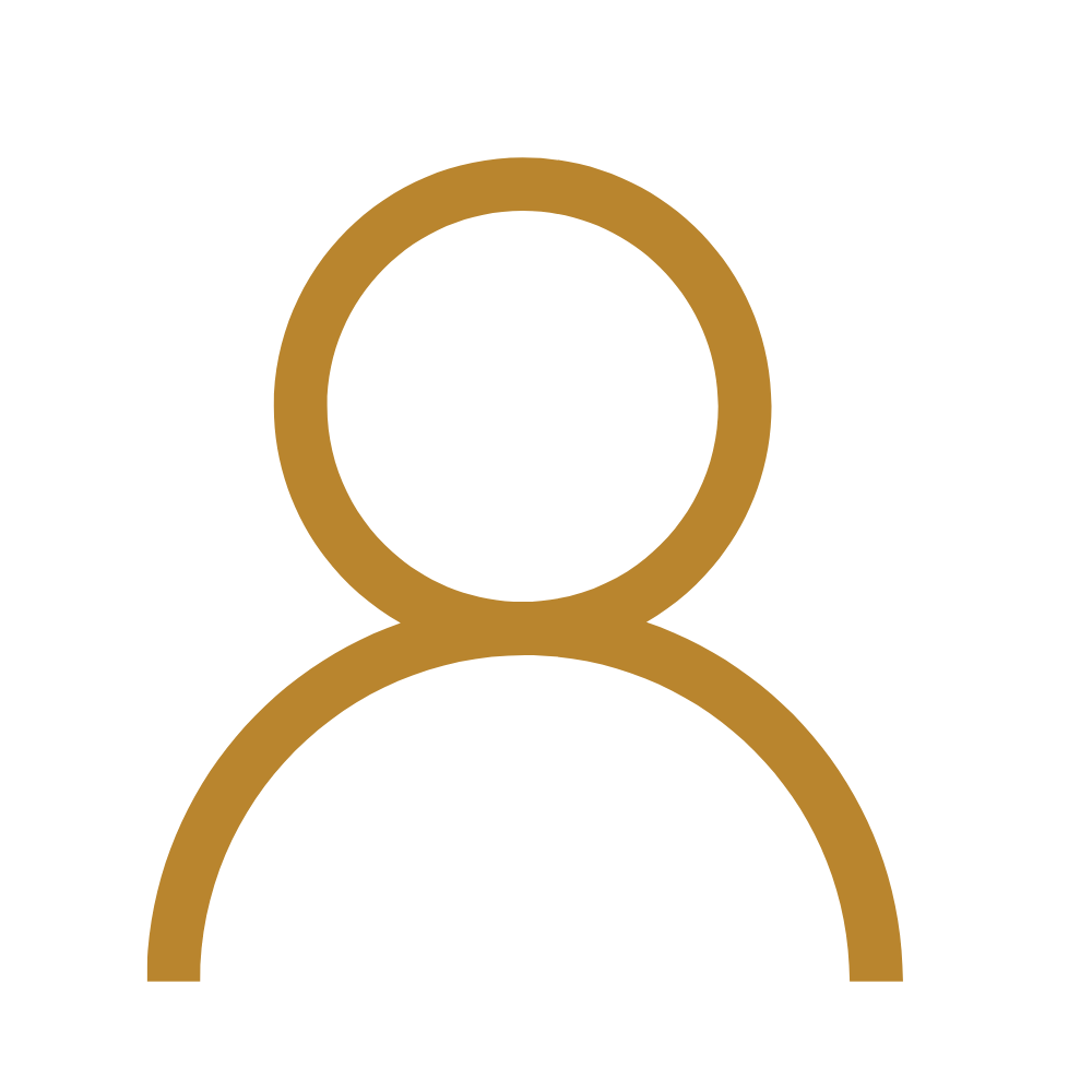 Generic user icon with a gold outline on a black background.