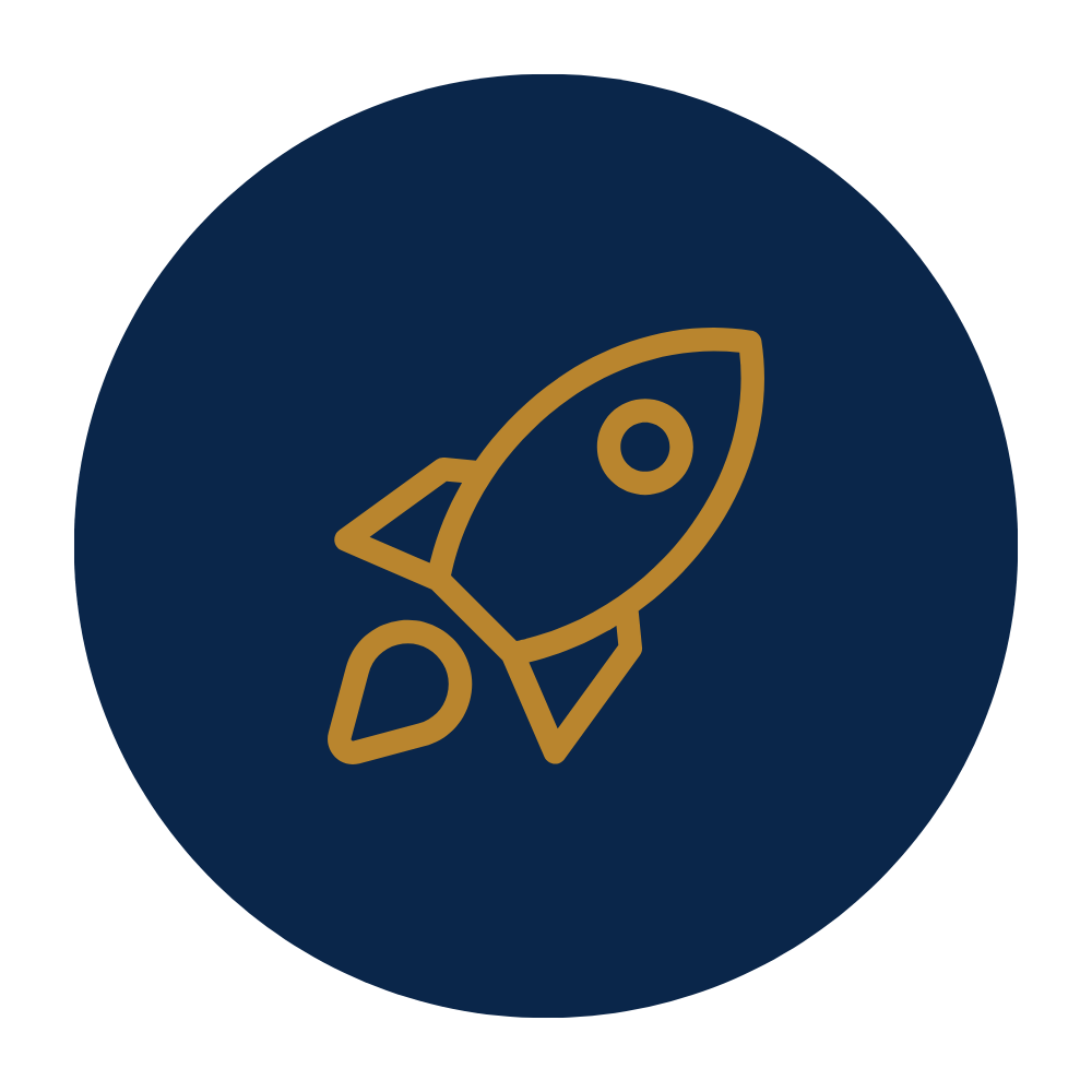 A dark blue circular icon with a gold outline of a rocket in the center.