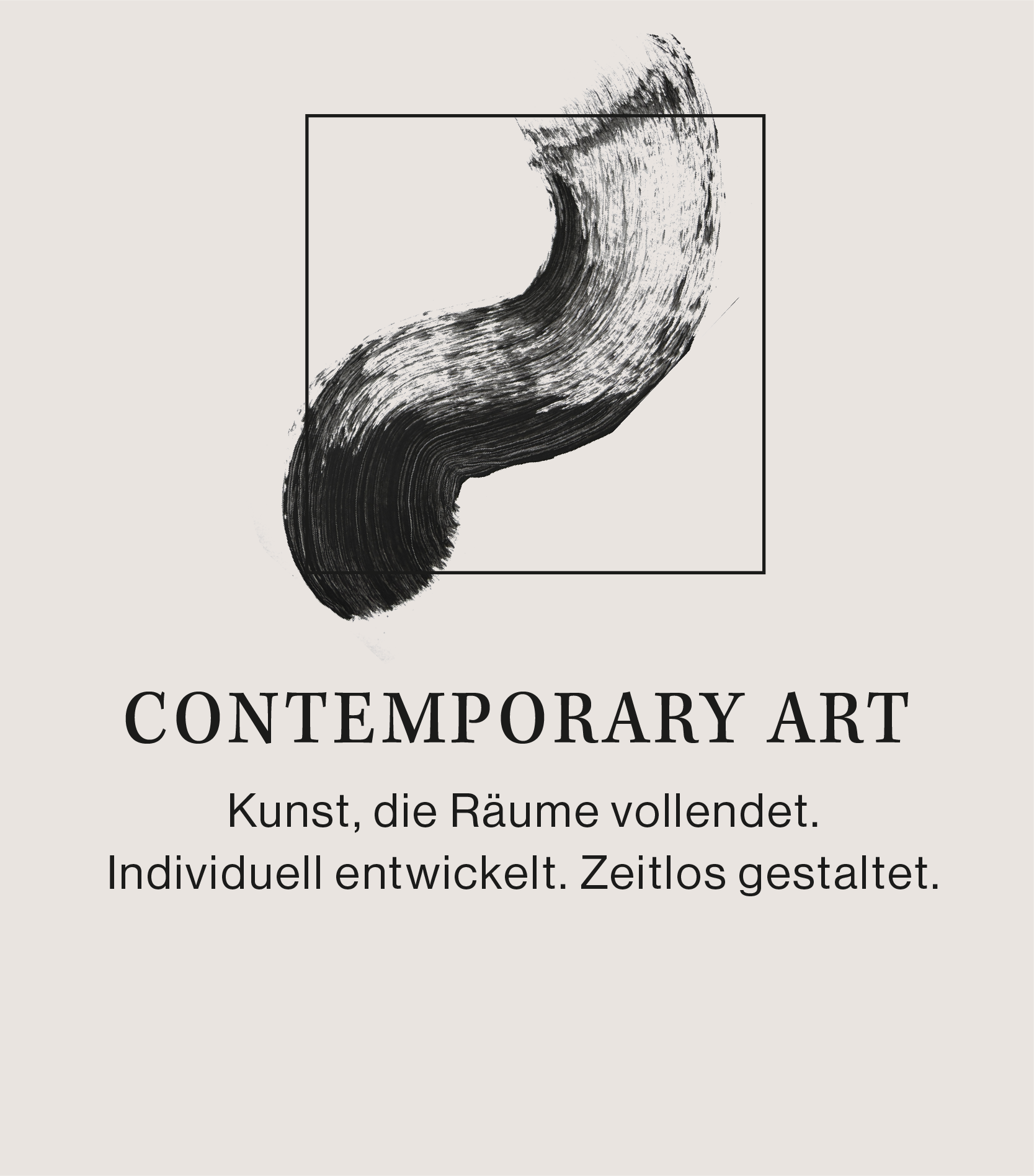 Ein Schwarz-Weiß-Bild eines gerollten, abstrakten Kunstwerks mit dem Titel "Contemporary Art" und einem Untertitel, der besagt, dass Kunst die Räume vervollständigt, individuell entwickelt wurde und zeitlos gestaltet ist.