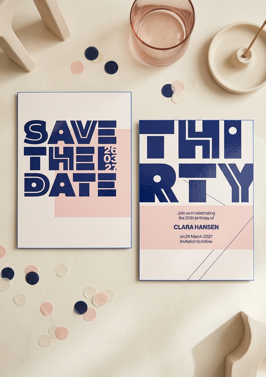 Ein Einladungskarte für eine Geburtstagsfeier zum 30. Geburtstag von Clara Hansen, mit Datum 26. März 2027, auf einem weißen Tisch, umgeben von Konfetti, einem Glaskrug, einer weißen Kerze auf einem Teller und Dekorationsgegenständen.