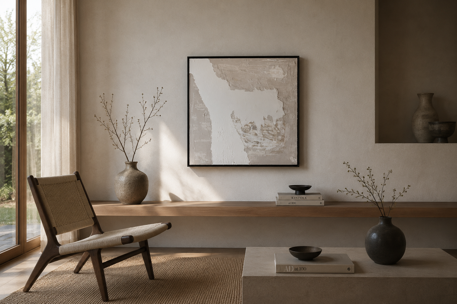 Moderner Wohnraum mit minimalistischer Inneneinrichtung, hängendes abstraktes Kunstwerk, Vasen mit Zweigen, Bücher und Dekorationsschalen auf Holztisch und Steinplatte, große Fenster mit Vorhängen, natürliche Beleuchtung.