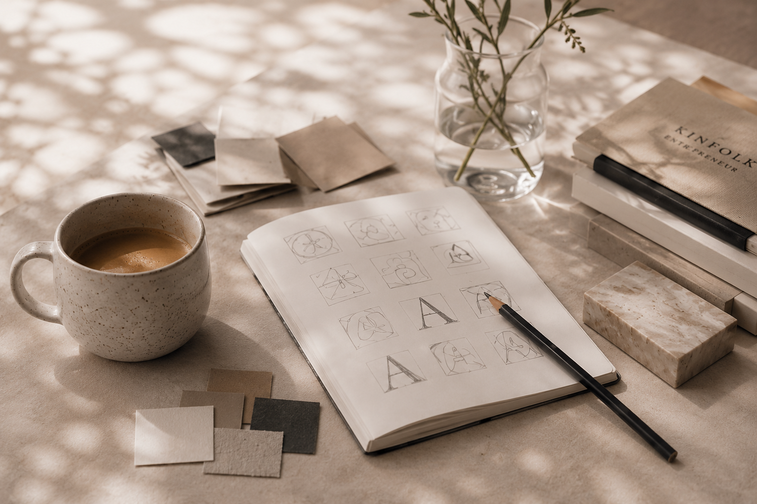 Skizzenbuch mit Entwürfen für Buchstaben, ein Becher Kaffee, Farbproben, ein Glas mit Wasser und Blumen, und Bücher auf einem beige Tisch, im Sonnenlicht.