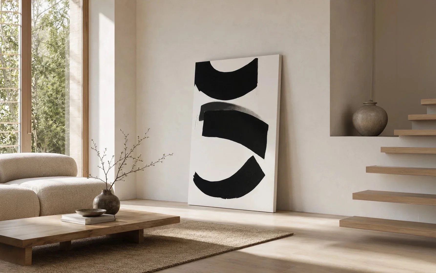 Modernes Wohnzimmer mit großem schwarzen und weißen abstrakten Gemälde, beigem Sessel, Couchtisch mit Vase und Zweigen, großes Fenster, offene Holztreppe und minimalistische Dekoration.