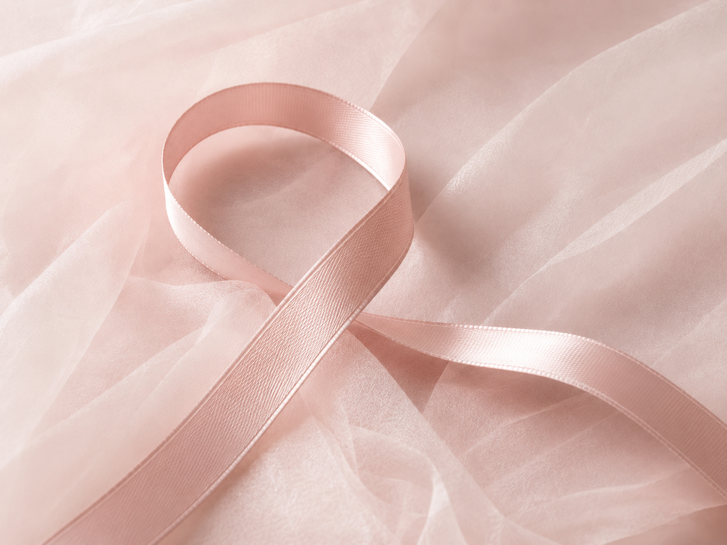 Ein rosa Satinbändchen in Herzform auf zartrosa, transparentem Stoff
