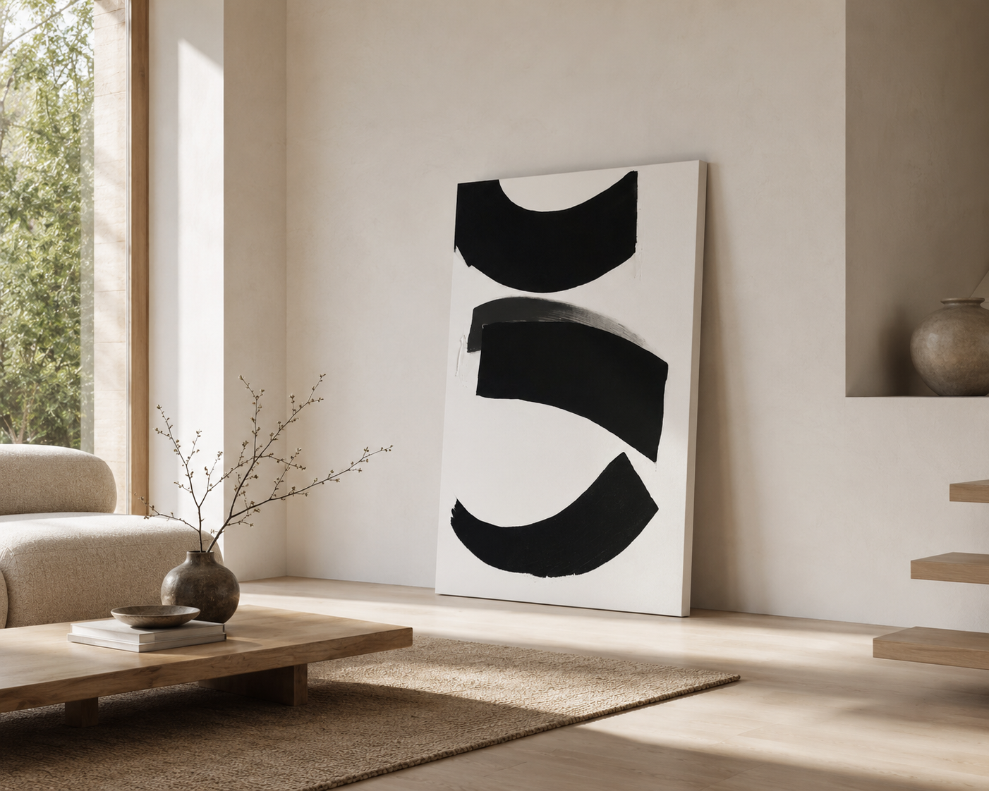Ein minimalistisches Wohnzimmer mit einer großen schwarzen und weißen abstrakten Malerei, einem Sofa, einem Holztisch mit Vase und Zweigen sowie einem Fenster mit Ausblick auf Bäume.