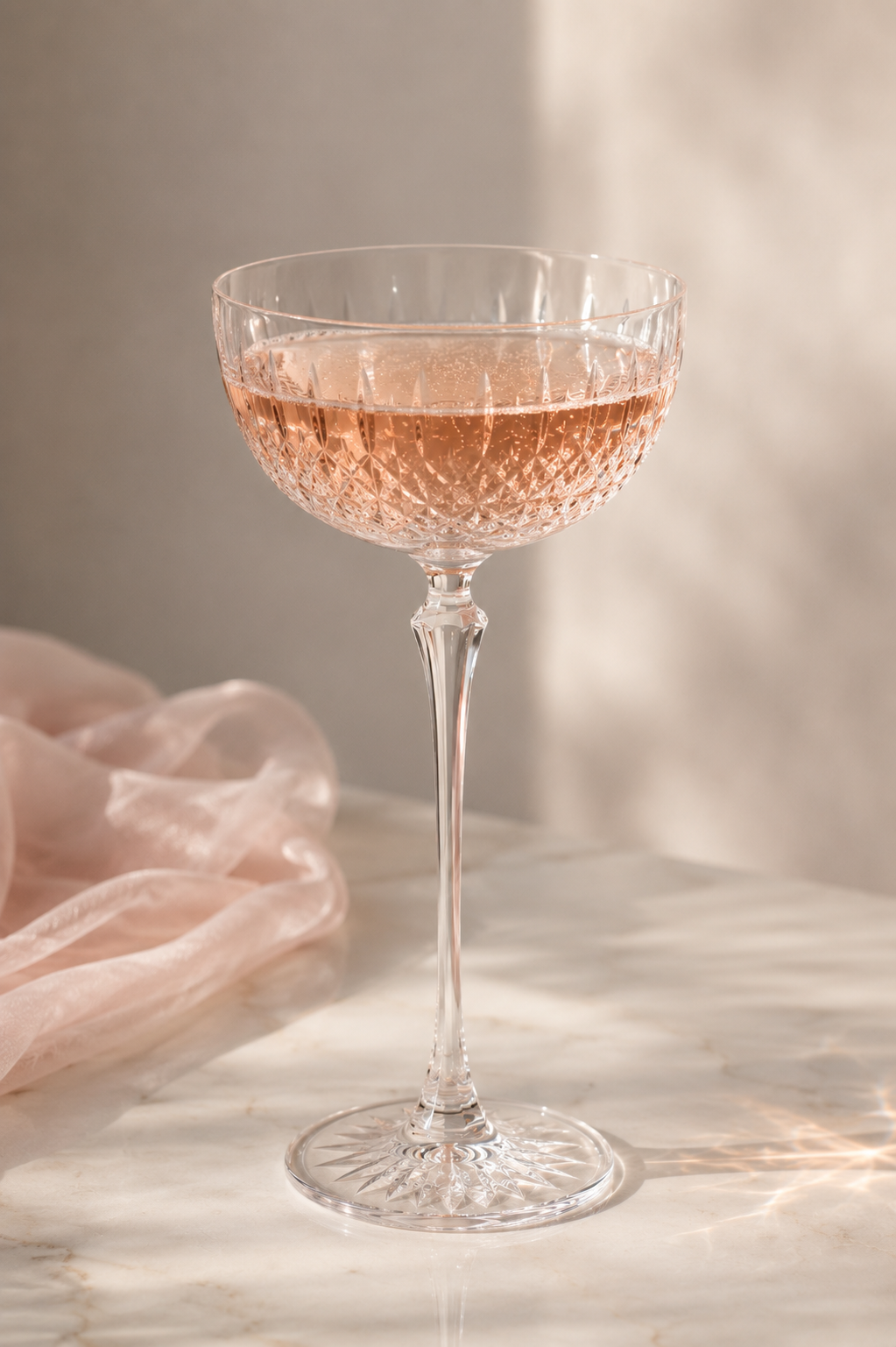 Ein Kristallglas mit rosafarbenem Getränk auf Marmoruntergrund, im Hintergrund ein weiches, rosa Tuch.
