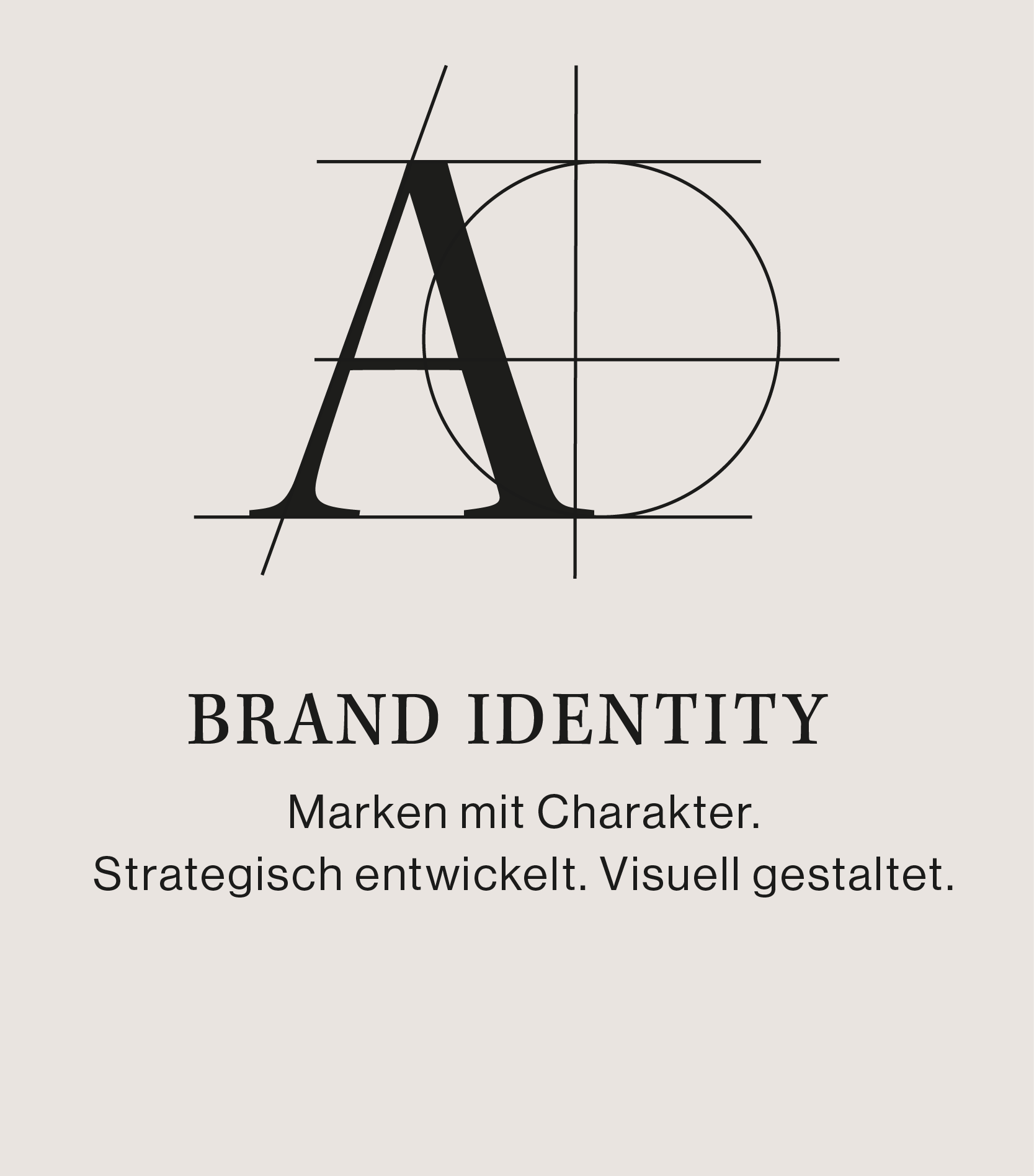 Grafik mit der großen Überschrift 'BRAND IDENTITY' und kleinen Text darunter: 'Marken mit Charakter. Strategisch entwickelt. Visuell gestaltet.'