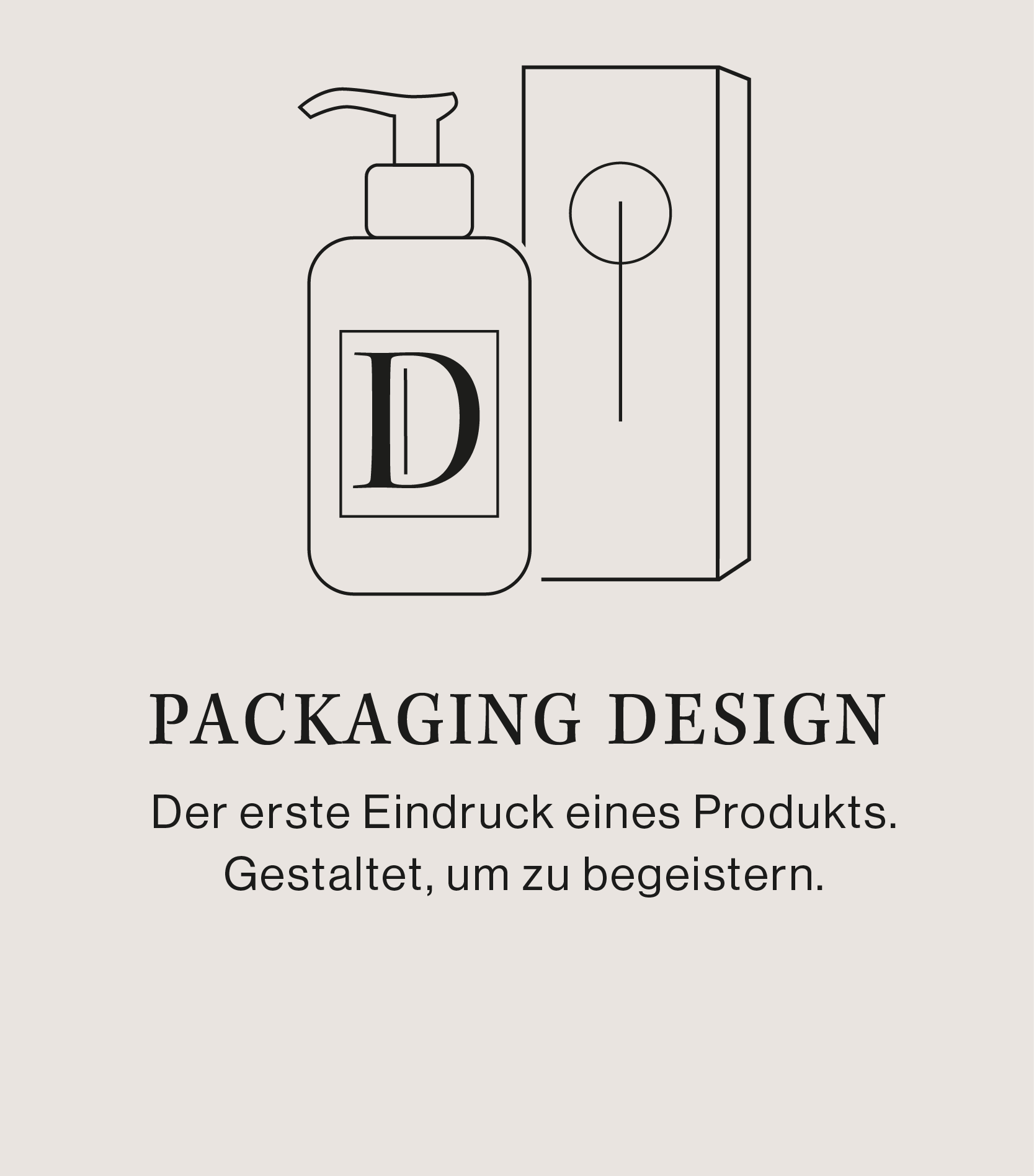 Schwarz-weiße Illustration eines Verpackungsdesigns mit Parfümflasche, Karte und Verpackung. Der Text „PACKAGING DESIGN“ und eine Beschreibung in Deutsch sind darunter.