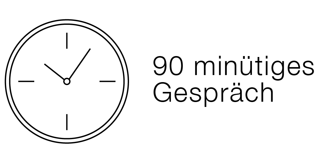 Icon von einer Uhr, 90 Minuten Gespräch, Typografie