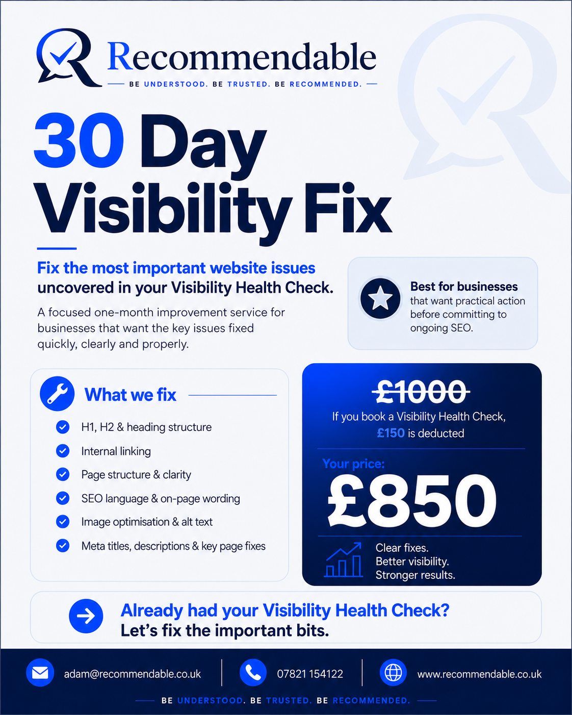Recommendable 30 Day Visibility Fix flyer showing key website SEO improvements after a Visibility Health Check
